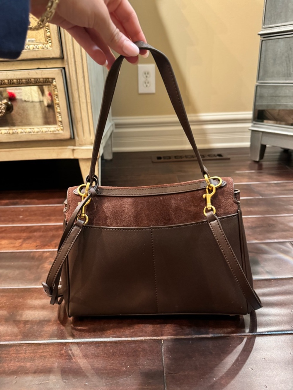 Brown Suede Top-Handle Shoulder Bag - Picture 4 of 5